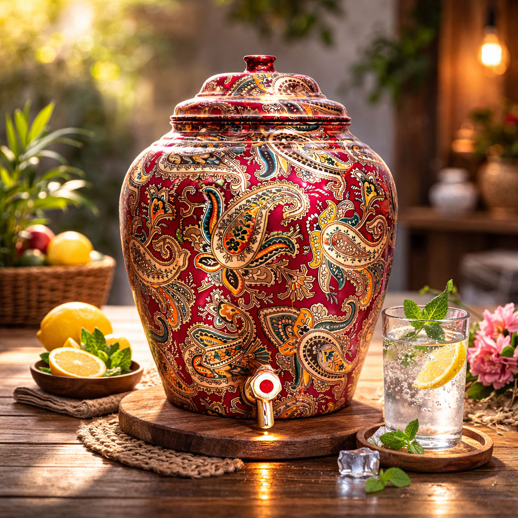 Handcrafted Pure Copper Water Pot With Maroon Printed Design